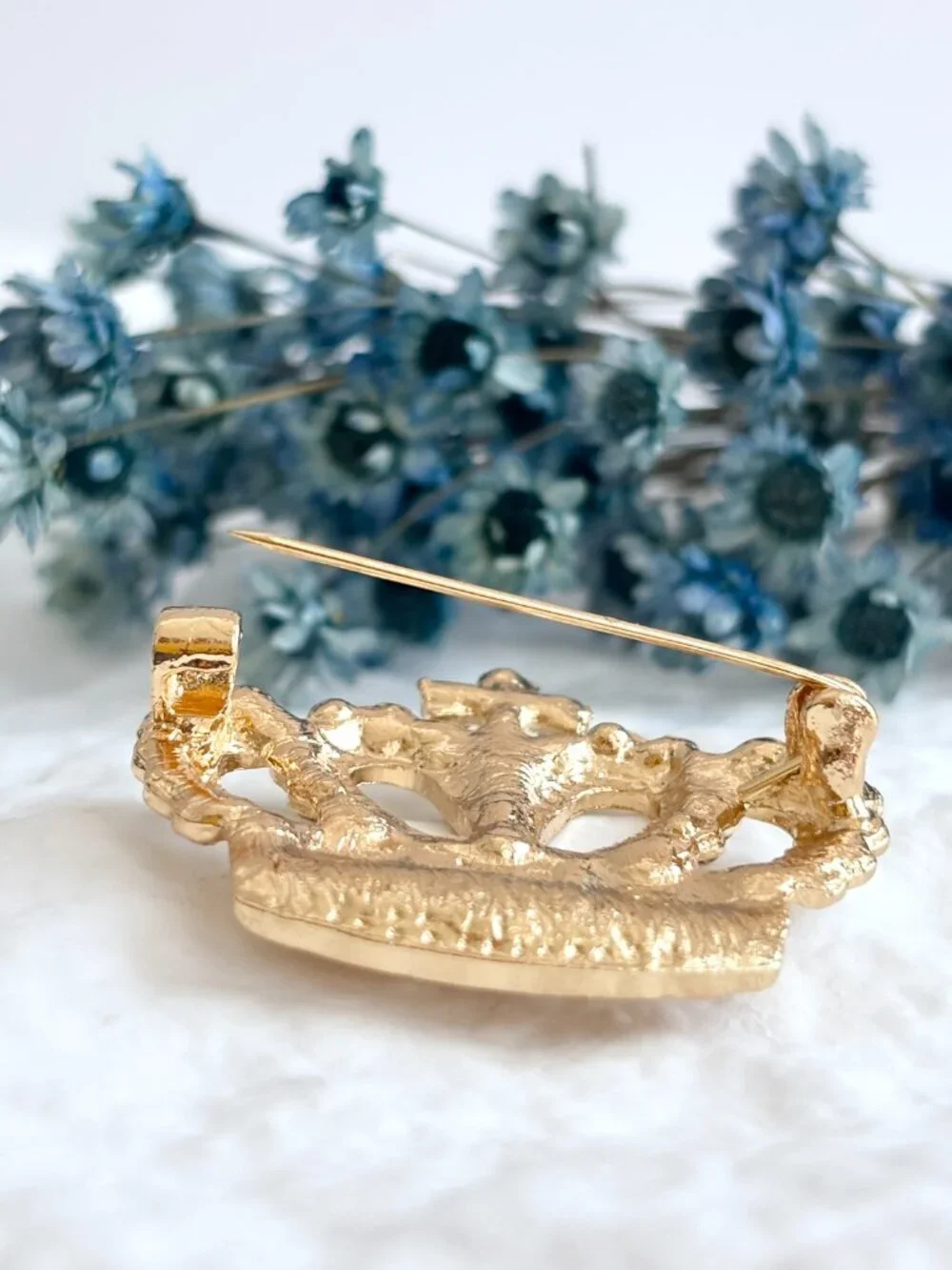 Crown Shaped Gold Toned Rhinestone Accented Vintage Inspired Brooch Pin
